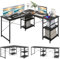 GIANTEX L-förmiger Eckschreibtisch, umwandelbarer Computertisch mit 4 Ablagen und 3 Kabellöchern, 2 Personen Spieltisch und Schreibtisch für Home Office (schwarz)