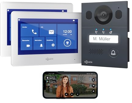 GOLIATH Basic Video Türsprechanlage, 2 Draht Bus, 2X 7 Monitor, Unterputz Türklingel mit Kamera, Gegensprechanlage mit Türöffner und Klingel, 1 Familienhaus, Plug & Play, Smartphone App, AV-BLS-09U