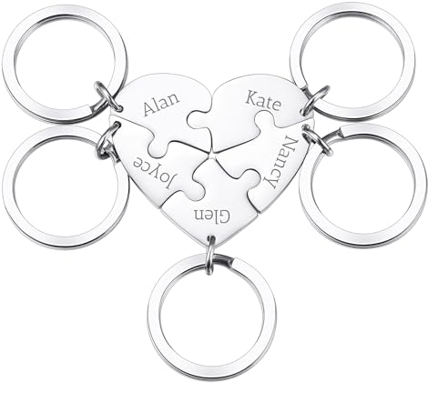 OTXIXTO Portachiavi Pezzo Puzzle a Cuore Argento Personalizzato Portachiavi Ciondolo Puzzle a Cuore Personalizzato con 5 Nomi Set di Portachiavi Incisi in Acciaio Inox per Coppie Sorelle Amici Regali