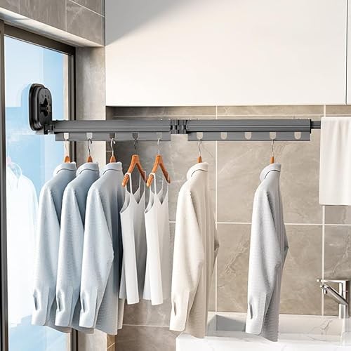 JINYOMFLY Einziehbar Kleiderstnder Saugnapf, Klappbar Wandmontage Aluminium Wäscheständer, Platzsparend Kleiderständer Wand für Balkon Wäsche Badezimmer Wohnung Schlafsaal (Grau 2-Fach gefaltet)