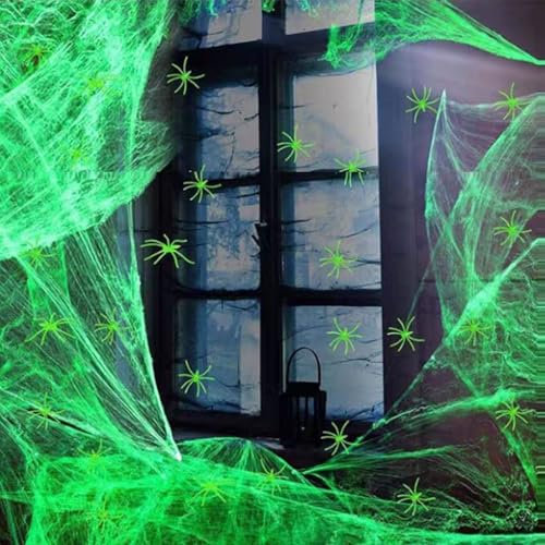 bechoanigel Decoración de telaraña luminosa de Halloween, 200 g, con araña decorativa de Halloween, 30 arañas, para interior y exterior, decoración para Halloween, casa y jardín