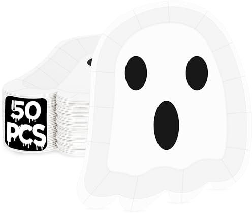 QZYL 50 platos de Halloween, platos fantasmas de 7.6 x 6.8 pulgadas, platos de papel desechables de Halloween con diseño de fantasma, platos blancos de fiesta de Halloween para decoraciones de