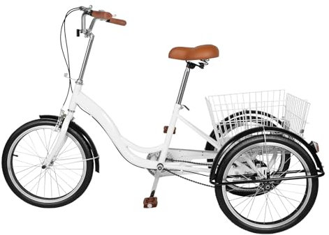 Fridgestea 20 Zoll Dreirad für Erwachsene, 3 Räder Fahrrad, Erwachsenendreirad Leichtes Dreirädriges Tricycle mit Einkaufskorb, Klingel für Damen Herren Senioren (Weiß)