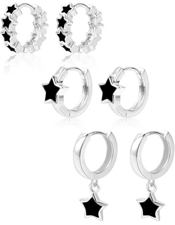 ALEXCRAFT Schwarz Stern Ohrringe Silber 925 Creolen Set Klein Damen für Frauen Freundin Mama