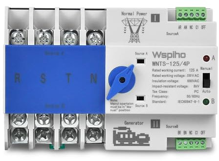 WSPIHO Interruptor automático de cambio de energía de 230 VAC, interruptor de red de 125 A con doble potencia, interruptor de 4 polos para conmutación de prioridad de red.