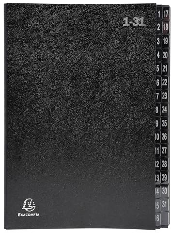 Exacompta - Ref. 57032E - Karton mit 6 Ordnern, fester Einband, innen aus recycelter Karte, digitale laminierte Registerkarten mit 1 bis 31-32 Fächern, Maße: 25 x 33 cm, für A4, Schwarz