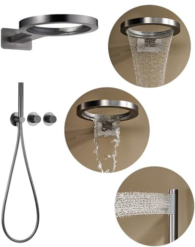 Colonne de Douche Encastrable Forme d'anneau, Ensemble de Douche Encastré Colonne Douche avec 36cm Anneau Tête de Douche, Douchette, Système de Douche, Mitigeur Douche Corps en Laiton (Gris)