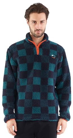 Sorbetto Giacca da uomo alla moda in pile con colletto alto o cappuccio e chiusura lampo, Verde scuro/blu scuro a scacchi, M-L