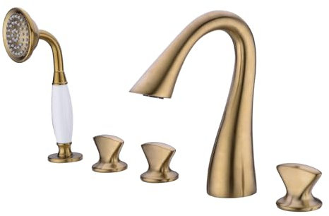 Ensemble de robinet de baignoire moderne en laiton 5 trous avec douchette à main chaude et froide 3 poignées de baignoire, finition or brossé, mitigeur de douche inclus