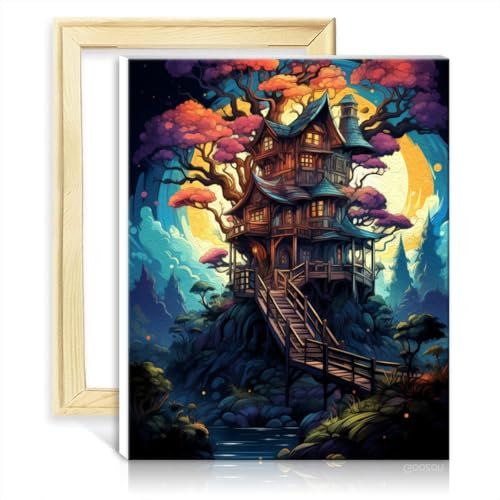 LiHEQING Ölgemälde-Set auf Leinwand, Baumhaus-Farben für Kinder mit Pinseln und Acrylpigmenten, Kunsthandwerksprojekt für Zuhause, DIY-Rahmen (30 x 40 cm)