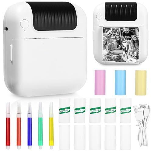 SOBEAU Mini Impresora Termica, Impresora Fotos Movil Portatil, Impresora Pegatinas Autoadhesivas, Bluetooth Impresora Termica con 13 Rollos de Pape, para Lista, Fotos, Nota