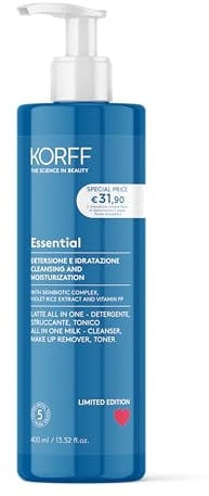Korff Essence Latte Viso All in One, Triplice Azione Detergente, Struccante e Tonico, Formula Idratante con Acido Ialuronico