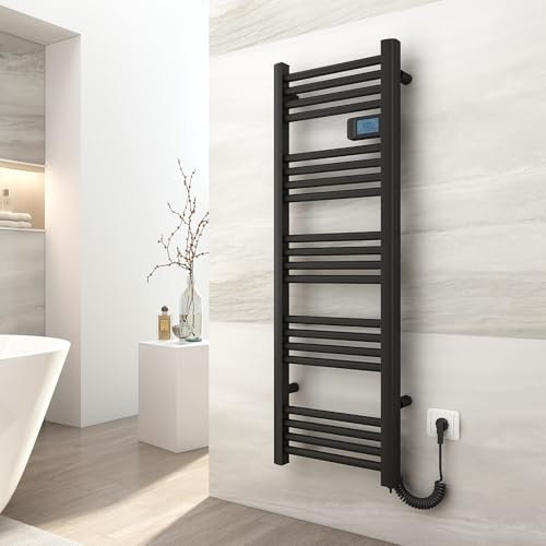 EMKE Handtuchheizkörper Elektrisch 1200 x 400 mm Elektrischer Badheizkörper mit Touchschalter Timer, Handtuchtrokner Handtuchwärmer Elektrisch Handtuchheizung Schwarz Matt 450W