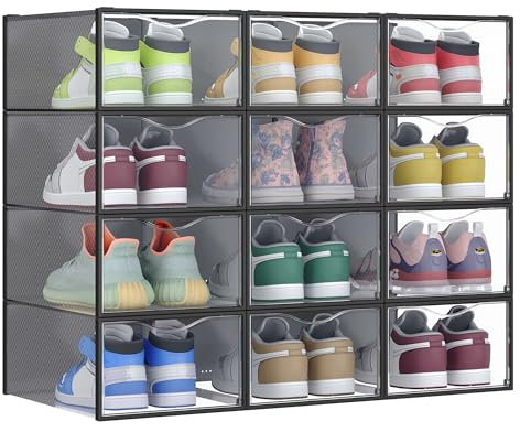 SONGMICS Scatole Contenitori per Scarpe in Plastica, Sportello, Trasparenti, 12 Pezzi, Impilabili, Facili da Montare, 33,2 x 23 x 14,5 cm, fino a Taglia 43, Trasparente e Nero Inchiostro LSP312B01
