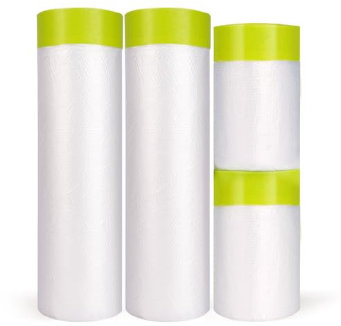 LLPT Cinta y Cortina Película de Enmascarar Pregrabada | 4 paquetes | Paño de plástico para pintores para protección contra rociado de pintura (MFT5514GN) | Verde 2 tamaños (55 cm + 140 cm)