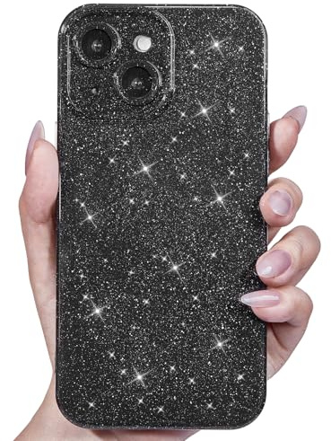 Svanove for iPhone 13 Mini Case Glitter, Sparkly Girly Cute Bling Sparkle Shiny Shimmer Bright Phone Case for Women Girls, Glittery Thin Slim Jelly Soft Silicone Rubber Gel Plastic Cover, Black