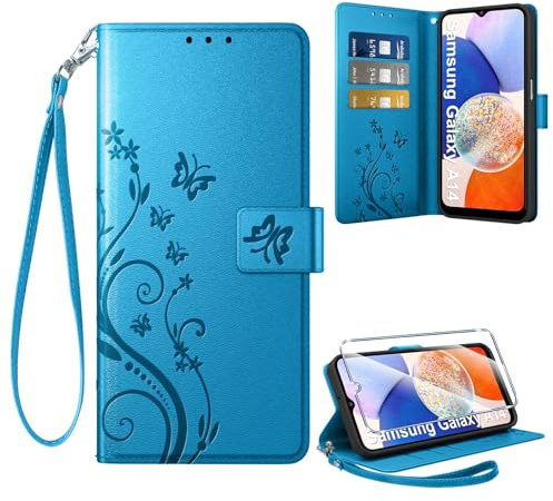 Coiwxmoi Coque pour Samsung Galaxy A14 4G/5G + 1 Verre Trempé, Retro Design Housse Premium en Cuir PU Pochette de Portefeuille pour Porte Cartes Fonction Stand Flip Etui pour Samsung A14, Bleu