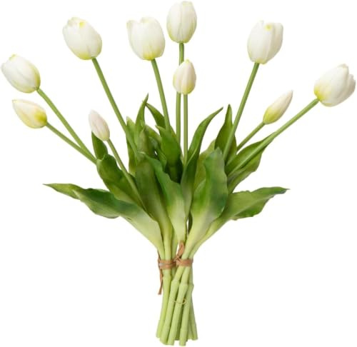 Laelfe Latex Artificial Tulips Bouquet, White | Real Touch, 6 Blooms and 4 Buds, 10 Pieces, Wedding Home Office Party Garden Decorations