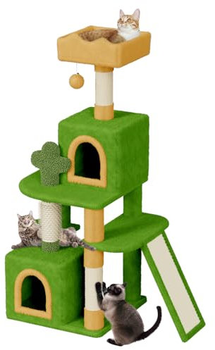 Dogat Large Cat Tree, 52 inch Tall Cat Climbing Tower Cratching Posts with Dangling Ball, Condos & Ladder, Cute Multilevel Climbing House with Sisal Scratching Post & Cat Bed for Indoor (Green)