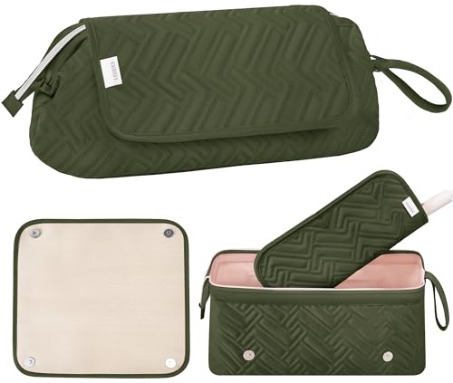 Leudes Hair Tools Travel Bag for Women Heat Resistant Mat for Travel Essentials Hot Tools Straighteners,Flat Irons,Curling Iron,Hot Air Brushes and Hair Dryer Organizer Bags 2 in 1, Army GreenA