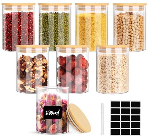 Ezvsevuo Bocaux en Verre Hermétique Lot de 8, 530ml Pot en Verre avec Couvercle, Bocaux Verre Rangement Cuisine, Bocal en Verre avec Couvercle pour Pâtes, Céréales, Haricots, Cornflakes