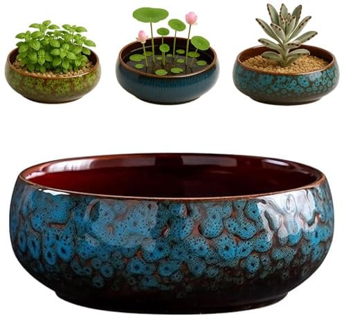 Lotus Bowl Pflanzgefäß - Glasierter Keramik-Wasserpflanztopf für den Innen- und Außenbereich, flache Hydrokulturvase für Lotussamen, Sukkulenten, Bonsai, Seerosenarrangement (Blau)