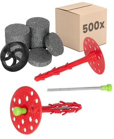 PROTEKTOR 500 Taco aislam., clavo acero, 600 arandelas+fresa Ø8 x 120mm | Taco de impacto certificado ETA con clavo y arandela aislante, set para SATE, aislamiento de fachada