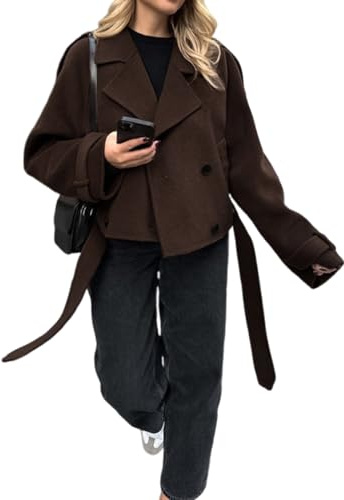 utcoco Kurzer Wollmantel für Damen, mit Gürtel, zweireihig, Erbsenmantel, kurze Jacke, gekerbtes Revers, Trenchcoat mit Taschen