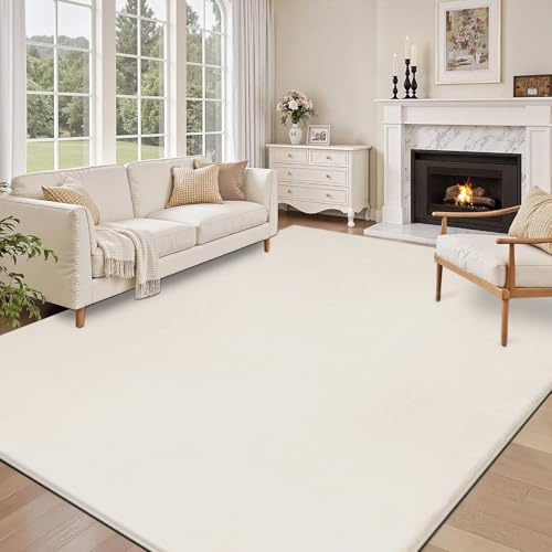 SHACOS Creme Teppich Wohnzimmer 140x200 cm Kurzflor Teppich Schlafzimmer Kunstfell Weich Flauschig Wohnzimmerteppich Waschbare Teppiche Modern rutschfest, Felloptik