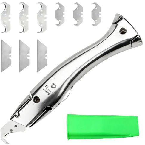 Teppichmesser Set, Hakenmesser mit 9 Ersatzklingen und Klingenschutz, Rutschfestes Teppichmesser Profi Werkzeug, Aluminiumlegierung Trapezklingen, Schneidmesser für Schnittfeste Teppiche Teppichmesser