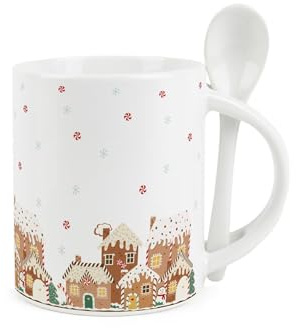 Purely Home Gingerbread Houses Mug and Spoon Set - Christmas Baking Gifts Ceramic Hot Drinks Cup with Spoon in Handle