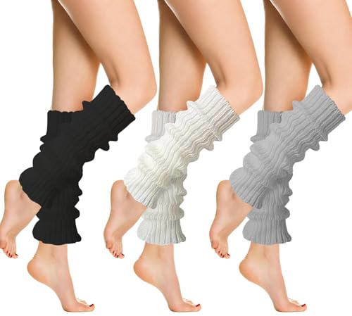 AYNKH 3 Pair Leg Stools Women, 40cm Calf Warm Leg Warmers for Winter, Soft Leg Warmers in Black White Grey, Fluffy Stools for Indoor & Outdoor, Ideal for Cold Days