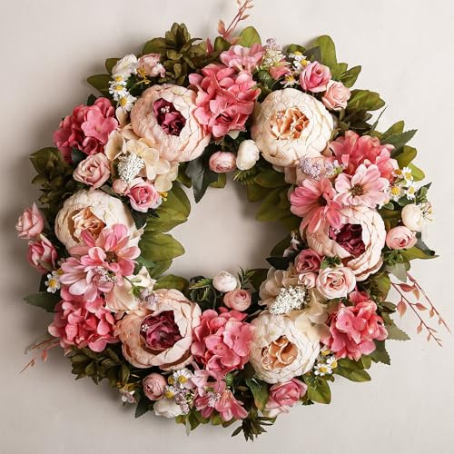 Pfingstrosenkranz 45 cm, Frühlingskranz für die Haustür, künstlicher großer Blumenkranz für die Haustürwanddekoration, Valentinstagsgeschenk, Hochzeitsgeschenk, Einzugsgeschenk von EZsenses (Hellrosa)
