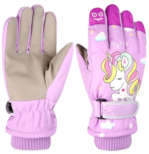 HAJXXMM Unicorn Kids Ski Gloves, Unicorn Thermal Glove Kids, Purple Kid Thermal Gloves, Winter Ski Waterproof Anti Slip Plush Snowboard Glove for Children Girls and Boys Age 9-14