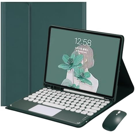 HENGHUI Étui avec clavier et souris pour iPad Mini 5e génération/iPad Mini 4 avec clavier coloré amovible et pavé tactile, jolie touche ronde, vert foncé
