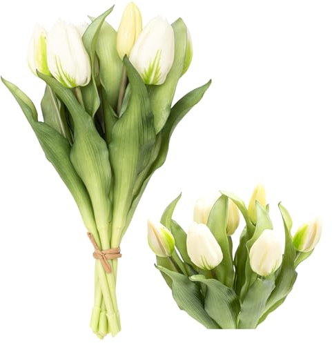 Zouwel 7 Stück Frühlingsdeko Kunstblumen: Künstliche Tulpen wie echt,Real Touch Tulpenstrauß-Perfekte Deko für Frühling (Weiß)