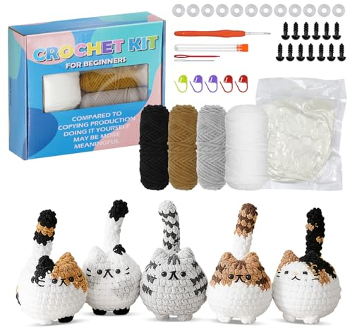 Häkelset für Anfänger, Crochet Set Tiere Katzen mit Garn und Zubehör | für 5 Gehäkelte Katzen, Schritt für Schritt Anleitung, Ideal für Anfänger und DIY Bastelprojekte