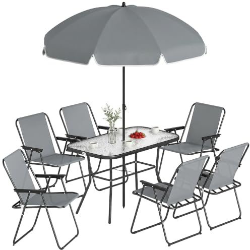 Outsunny Salon de Jardin extérieur 8 pièces, Table, 6 Chaises Gris | Parasol, Plateau en Verre Trempé, Structure en Acier Anti-Rouille, Mobilier de Jardin, Terrasse