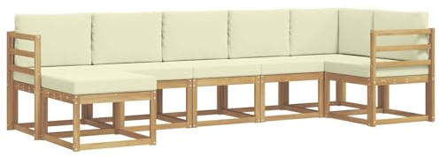 vidaXL Outdoor-Sofagarnitur mit Kissen 7 pcs Weiß und Creme Polyester, Modularer Gartensofa-Set, modernes Outdoor-Sofa, wetterfester Terrassenmöbel, Akazienholz, braunes Sitzen