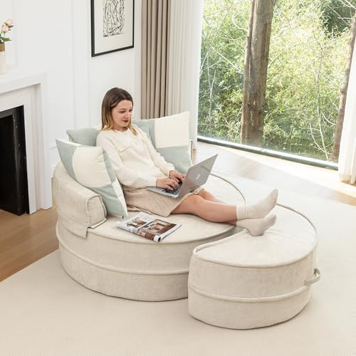 Taikonaut Rundes Sofa, Loungesessel, Chenille Sessel mit Hocker, 5 Kissen, montagefreier Lesesessel, 121 cm breit, mit 42 cm Sitzpolster, beige, für Wohnzimmer und Schlafzimmer