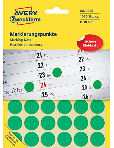 AVERY Zweckform 3376 selbstklebende Markierungspunkte (Ø 18 mm, 1.056 Klebepunkte auf 22 Bogen, runde Aufkleber für Kalender, Planer und zum Basteln, Papier, matt) grün