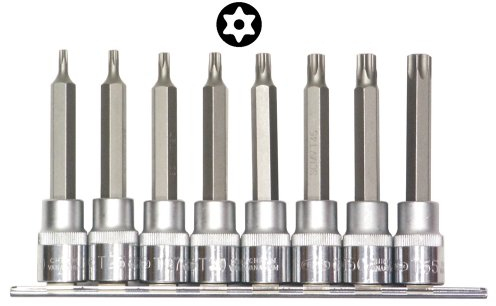 Famex 10747-8 Bit-Einsätze für Torx-Schrauben, mit Stirnlochbohrung, 100mm lang, 12,5mm (1/2-Zoll)-Antrieb, 8-tlg.