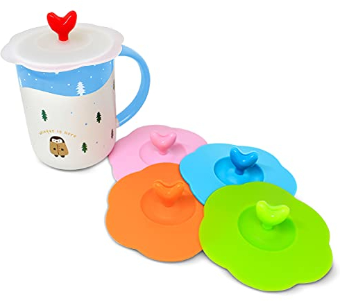 JJ PRIME Silicone Suction Lids Heart Shape Spoon Stirrer Holder Home Office Coffee Tea Cup Mug Cover Set (5Pcs), Colourful, 5 pcs