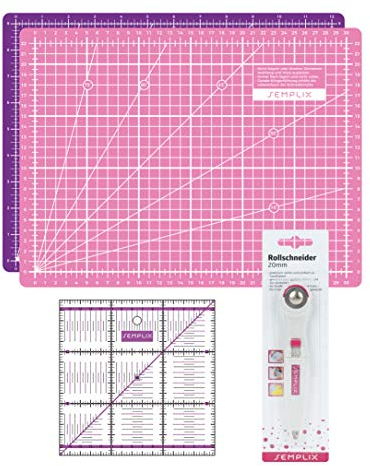 SEMPLIX Schneidematten Set (A4) Ideal für Näh-, Bastel- und Patchworkarbeiten, Schneideunterlage 30 x 22 cm, Rollschneider Super Mini 20 cm, Patchwork-Lineal 15 x 15 cm (pink/lila)