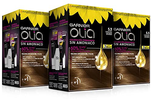 Garnier Olia - Pack de 3 coloración permanente sin amoniaco para un olor agradable con aceites florales de origen natural, color tono 5.3 capuccino