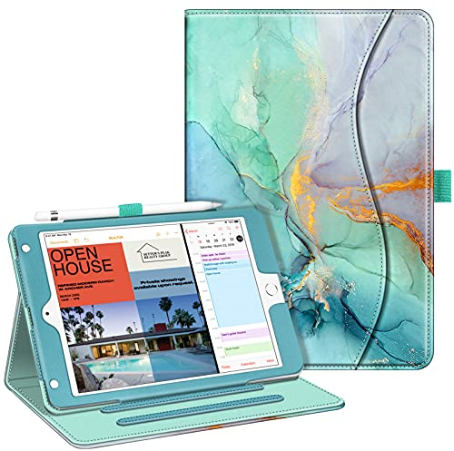 FINTIE Coque pour iPad Mini 5 2019 / iPad Mini 4 - Multi Angles Housse Étui de Protection avec Pachette de Document et Fonction Sommeil/Réveil Automatique, Marbre Émeraude