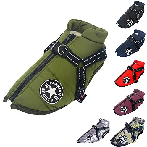 Hundeweste,Hundemantel Wasserdicht,Warme Weste mit Hundegeschirr Winter Warm und weich 9 Farben-Grün 5XL