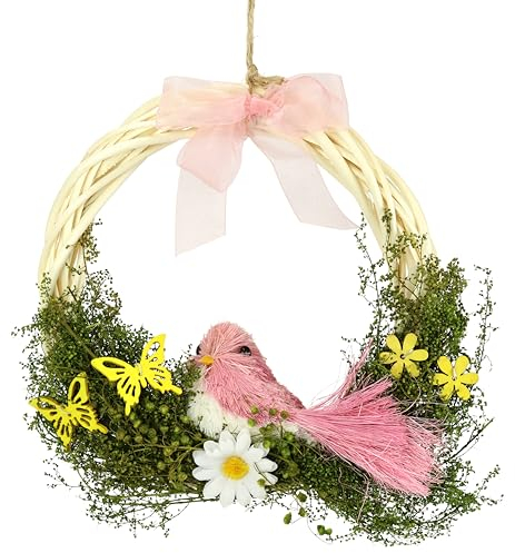 Flair Flower Vogel Blüten Schleife Dekoration Kranz Kränze Wandkranz Türkranz Girlande Künstliche Ostern Ostertür Osterdeko Frühlingsdeko Frühling 090275RS Rosa 20x20x5 cm