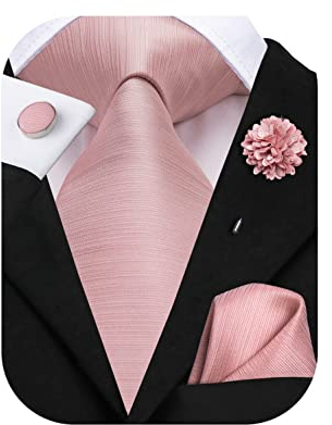 Hi-Tie Cravate et boutons de manchette carrés en soie pour homme en jacquard pour mariage d'affaires, Rose pâle, M