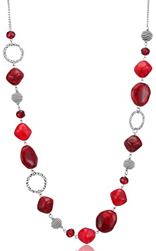 Bulinlin Silber Perplen Lang Kette für Damen Boho Statement Chain Halskette Modeschmuck Geburtstagsgeschenke für Frauen(Dark light red)